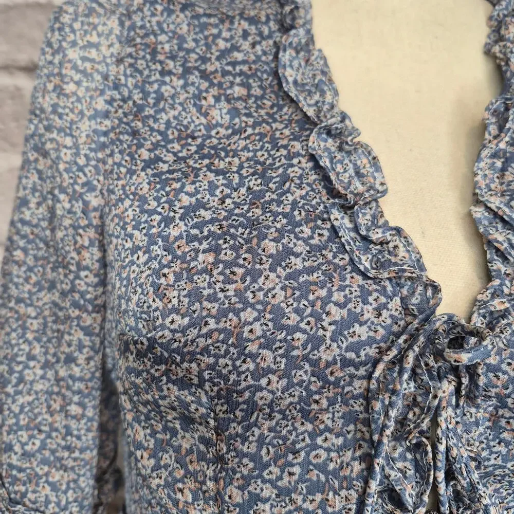 Princess Polly Blue Floral Caylan Tie Front Ruffle Crop Blouse Top Cottagecore 6